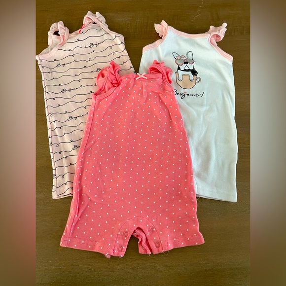 HB Set of 3 Ruffle Sleeve Short Rompers 0-3M-Pink Bonjour, Bulldog Bonjour, Dots - Picture 1 of 8